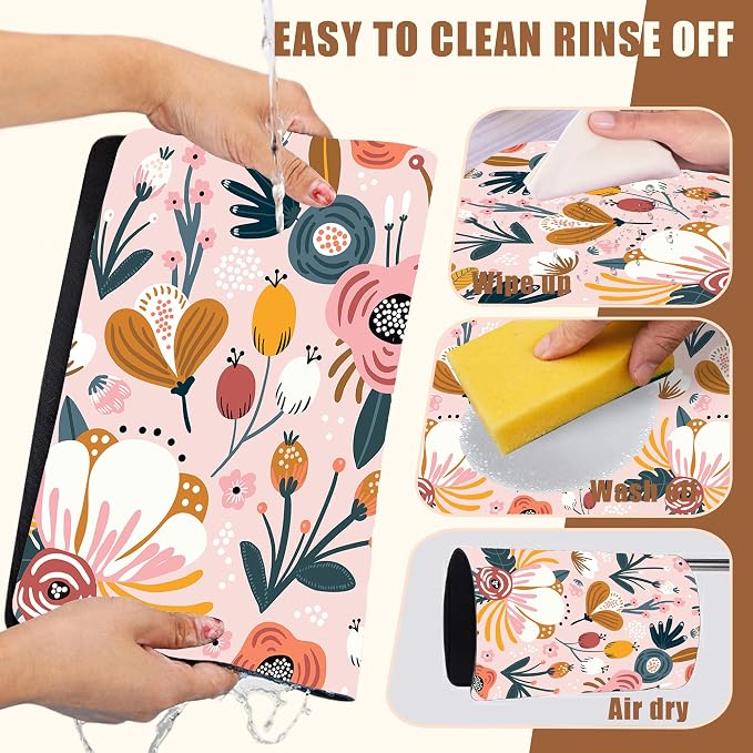 Dish Drying Mat Pink Flowers Berries Leaves Coffee Bar Mat for Countertop Absorbent Hide Stain Rubber Backed Dish Drainer Rack Pad Espresso Machine Dining Room Decor 11.8 x 19.7 Inch