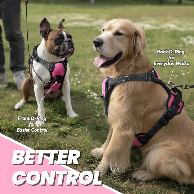 VIVAGLORY No Pull Dog Harness Vest Harness, XL, Pink - Plain | with Handle Front and Back Clip for Training & Pulling, No Pull & Escape Proof Padded Adjustable for Pet Puppy