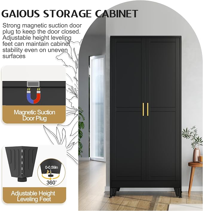 GAIOUS 71" Tall Metal Storage Cabinet with 2 Doors and 4 Adjustable Shelves | Kitchen Pantry Cabinet Black Freestanding Cupboard, 5 Tier Multifunctional Steel Storage for Office, Kitchen, Dining Room