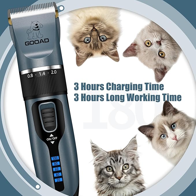 Professional Cat Clippers & Dog Grooming Kit, Cordless Low Noise Clippers for Thick & Matted Coats, Quiet Shaver Hair Trimmer with Paw Trimmer for Pets (Blue)