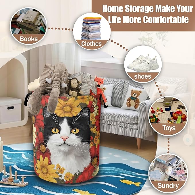 Black White Cat Laundry Basket,Red White Daisies Collapsible Laundry Hamper Waterproof Oxford Cloth With Handles,Clothes Storage Bucket Toy Organizer For Bathroom/Nursery/Bedroom 16" x 20.8"