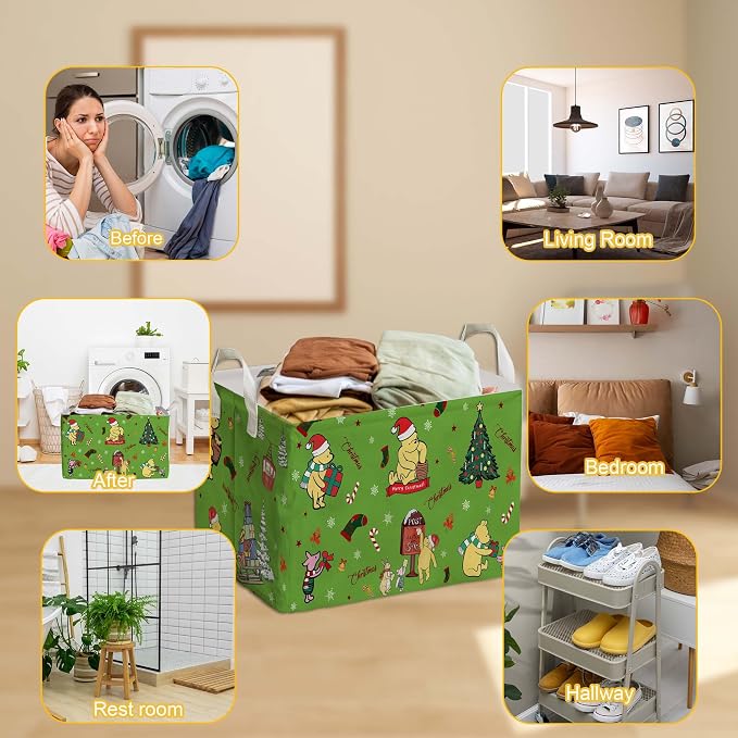Winnie Theme Christmas Baskets Decor,the Pooh Baby Stuff, Large Square Canvas Baby Laundry Hamper with A Waterproof PE Coating,Foldable Storage Bin for Toys and Clothes