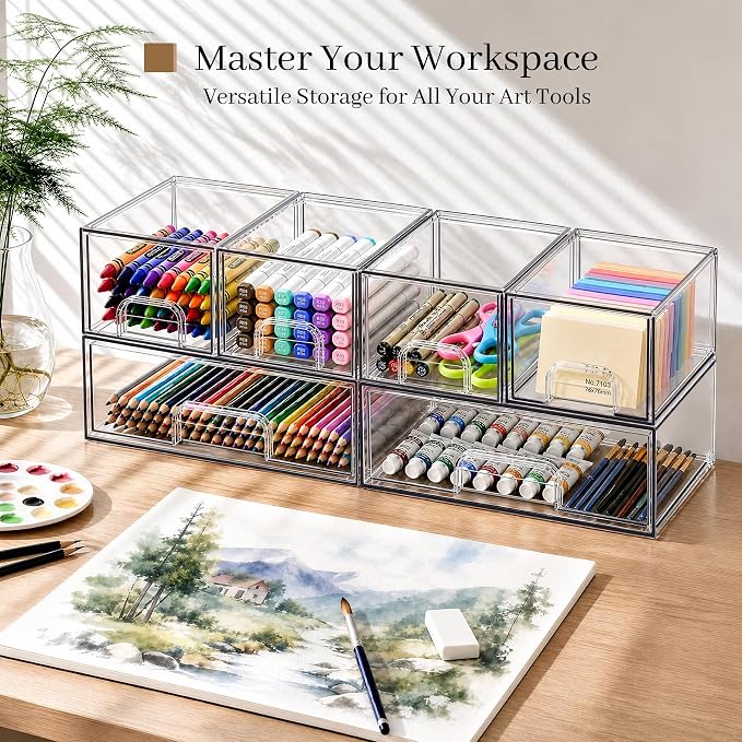 Clear Stackable Storage Drawers, Acrylic Bathroom Makeup Organizer, Plastic Bins for Art Tool & Sketch, Sturdy and Durable Containers for Countertop, Cabinet, Vanity, Pantry Organization