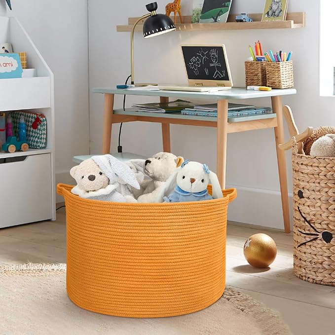 Extra Large Orange Basket, 22" X 22" X 14" Woven Cotton Rope Bins for Blankets, Baby Nursery Wicker Laundry Towel Basket, Kids Dog Toy Storage Box, Big Orange Living Room Decor Organizer