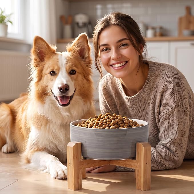 hjn Elevated Ceramic Dog Bowl with Bamboo Stand, Raised Pet Feeding Station for Small Medium Dogs Cats, Modern Design with Anti-Slip Base (White Gray, 7.6Cup)