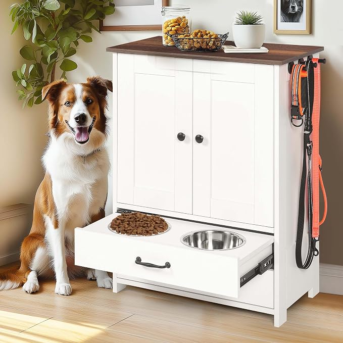 Majnesvon Pet Feeding Station with Storage Cabinet - Dog Food Organizer with Pull-Out Drawers, Adjustable Height Bowls & 3 Hooks - 23.6” Pet Storage Cabinet for Dogs & Cats