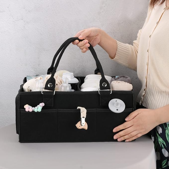 XUANGUO Large Baby Diaper Caddy Organizer, Felt Basket with Handles, Black | Nursery storage bin with dividers; portable tote bag for baby stuff, changing table or car, baby shower and registry gifts.