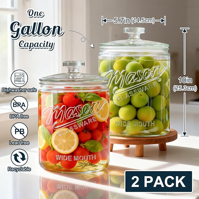 1 Gallon Glass Cookie Jar with Lid, 5.7'' Wide Mouth Mason Jars | 2 Pack Glass Canisters for Pantry Organizers & Storage, Candy Jar for Flour Sugar, Sourdough Starter, Dog Treat, Laundry Room