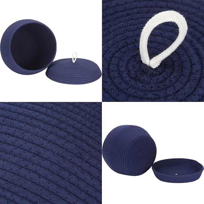Sea Team Round Woven Cotton Rope Storage Basket with Lid, Navy | Lidded Knitted Decorative Storage Bin, Pot, Caddy, Organizer, Container for Snacks, Towels, Plants, 13 x 9 Inches