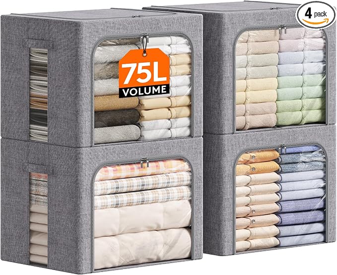 Lifewit Clothes Storage Bins with Metal Frame, Stackable Storage Box, Foldable Clothing Storage Bins with Lids, 75L Storage Bags Fabric Box Organizer with Clear Window＆ Zippers＆ Sturdy Handles 4 Pack