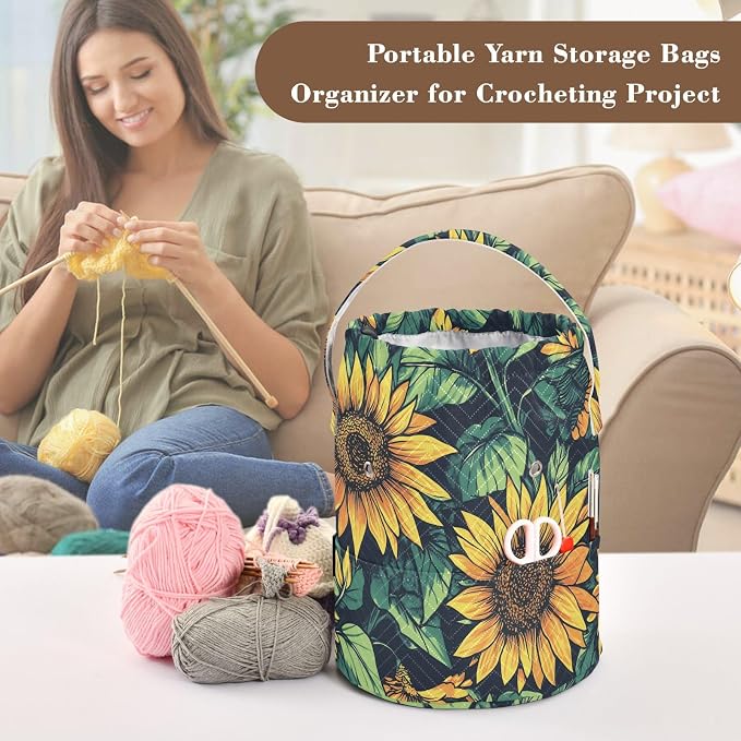Fustylead Retro Vibrant Yellow Sunflower Large Yarn Storage Tote Basket, Knitting Crochet Drawstring Organizer Bag for Crocheting Project, Yarn Balls, Needles Accessories