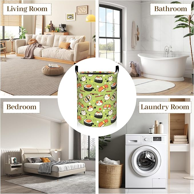 Cute Sushi and Cat Laundry Basket, Kawaii Food Foldable Oxford Cloth, Waterproof Dirty Clothes Hamper with Handles, Clothing Storage Bin Toy Organizer for Bedroom Dorm Bathroom, 19.7"x15.7"