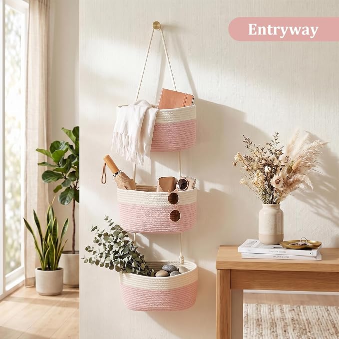 TeoKJ Over the Door Hanging Basket, 3-Tier Woven Cotton Wall-Mounted Storage Organizer Bag Decorative Hanging Nursery Baskets, Pink & White
