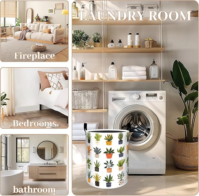 Potted Botanical Laundry Basket, Oxford Cloth Minimalist Nature Dirty Clothes Collapsible Hamper for Room Decor, Plant Leaf Print Gifts Toy Organizer 19.7 * 15.7 Inch for Bedroom Bathroom Dorm