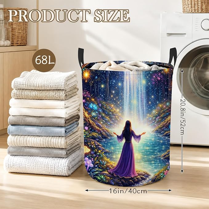 Fantasy Waterfall Laundry Basket, Foldable Oxford Cloth Magic Forest Laundry Hamper with Handles, Tote Bag Clothes Storage Bucket for Laundry Room/Bathroom/Bedroom/Dormitories 20.8"x16"
