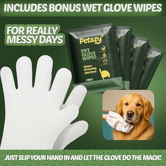Petazy Dog Wipes for Paws and Butt – 400 Count (8x8in) Hypoallergenic, Deodorizing Pet Wipes for Dogs and Cats | Extra Large, Plant-Based, Unscented | Includes 4 Grooming Glove Wipes