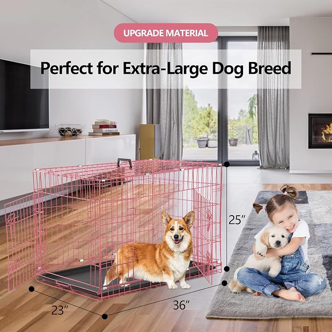 36 Inch Large Dog Crate, Heavy Duty Dog Crates for Large Dogs, Metal Wire Folding Dog Cage with Removable Trays, Locks, Double-Door, Divider Panel, Handle, Puppy Crate Pet Crate (36 in, Pink)