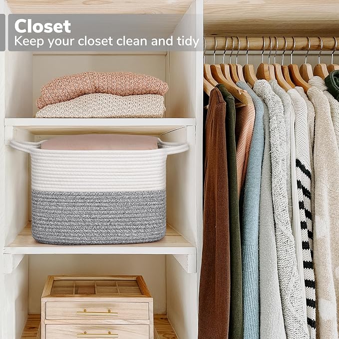Goodpick Woven Storage Basket for Shelves, 13" x 10" x 9", Gray & White | Stylish Gift Basket for Home Decor, Cotton Rope Baskets for Toys, Towels & Shoes Storage, Closet & Shelf Organization