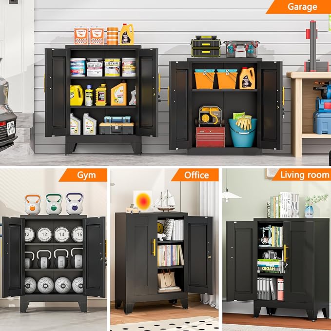 Small Metal Storage Cabinet, Lockable Tool Cabinet with Doors and 2 Shelves | Compact 23.6-Inch Width, 2 Adjustable Shelves, Locking Doors, Magnetic Closure, Adjustable Feet, Cold-Rolled Steel