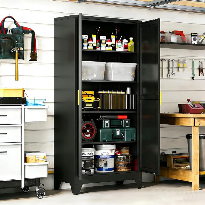 71" H Metal Garage Storage Cabinets,Black Storage Cabinets,Broom Closet Storage Cabinet,Utility Cabinet,