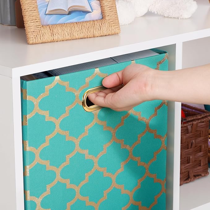 Posprica 11x11x11 Storage Cube Bins, Collapsible Storage Bins Fabric Storage Cubes Organizer Baskets Box Drawers for Shelves, Closet, Wardrobe, Bookshelf, Cabinet, Sky Blue/Gold Lantern, 4 Pack