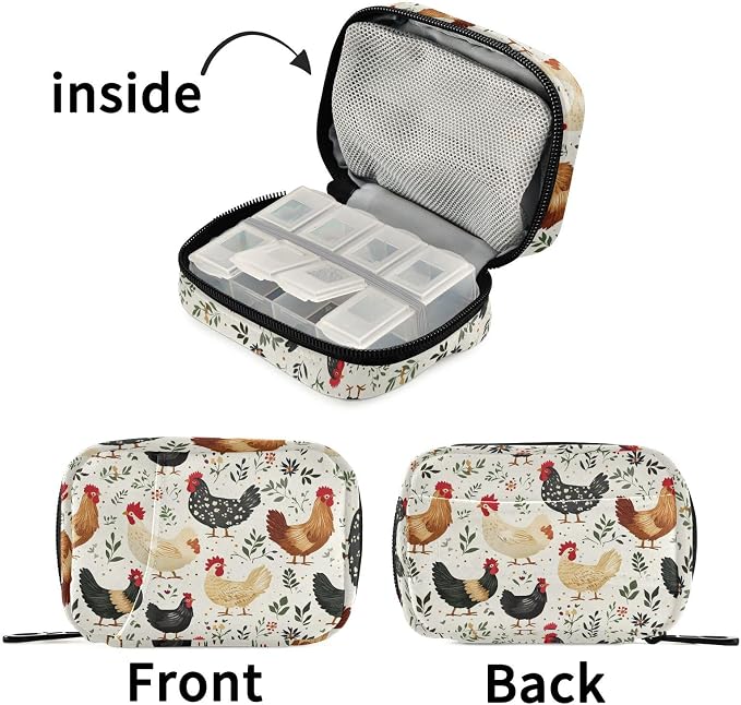 Fustylead Vintage Farm Chicken Rooster Hen Travel Pill Case Bag with Zipper Weekly Pill Box 8 Compartments 7 Day Personal Pill Case Purse Medicine Case Organizer