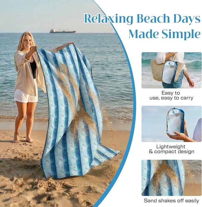 OIGAE Beach Blanket Waterproof Sandproof Oversized Beach Mat | Picnic Mat with Stakes, Storage Bag - Essentials for Outdoor Beach, Picnic,Quick-Dry Lightweight,Windproof Pockets