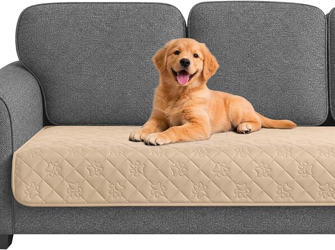 PAWFINITY Waterproof Couch Covers for Dogs, Pet Blanket for Sofa Washable | Paw Print Quilted, Hair Resistant, Anti Cat Scratch, Pee Proof Furniture Protector for 3 Seat Sofa and Bed, 30x80 Inch, Beige