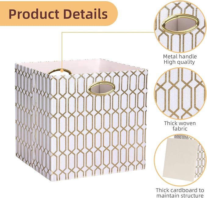 13x13x13 Storage Cube Bins, Collapsible Storage Bins Fabric Storage Cubes Organizer Baskets Box Drawers for Shelves, Closet, Wardrobe, Bookshelf, Cabinet, 4 Pack, White/Shiny Gold, AG4000202