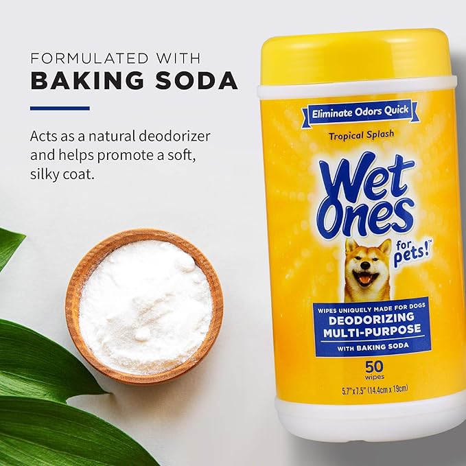 Wet Ones for Pets Deodorizing Dog Wipes with Baking Soda, Tropical Splash Scent - Multipurpose Deodorizing Pet Grooming Wipes in Resealable Canister, 50 Count - 3 Pack