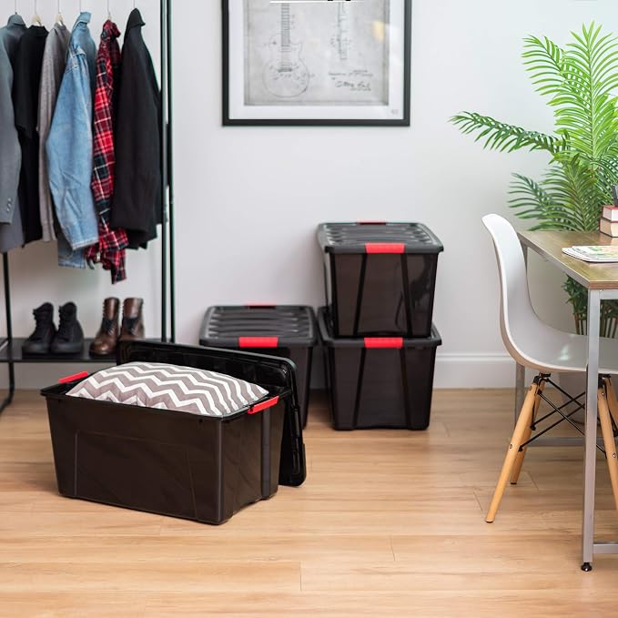 IRIS USA 4-Pack 72 Quart Storage Bins with Lids, Black | Black finish conceals stored items. Perfect for moving, blankets, clothing, and garage storage. Nestable design saves space