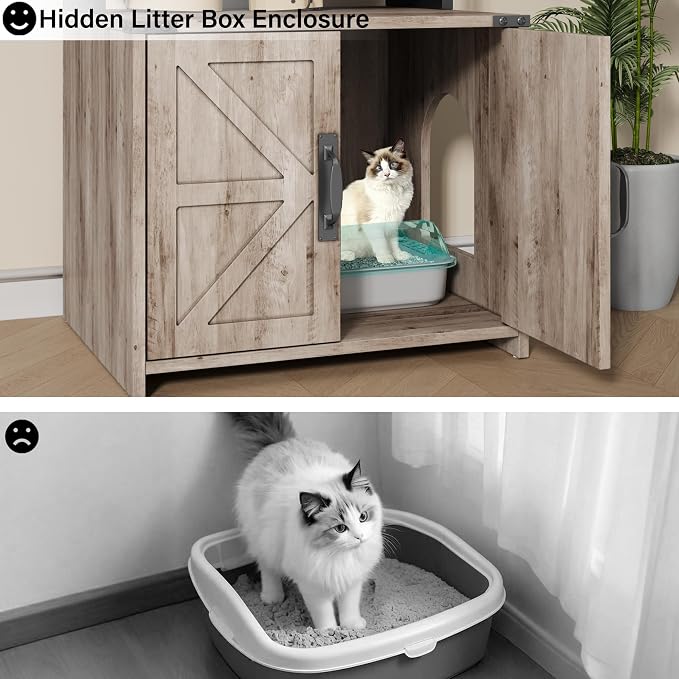 Saudism Cat Litter Box Enclosure with Storage Shelves, Tall Cat Litter Box Furniture Hidden with Feeding Station, Farmhouse Cat LitterBox Cabinet with Barn Door for Living Room, Bedroom, Gray