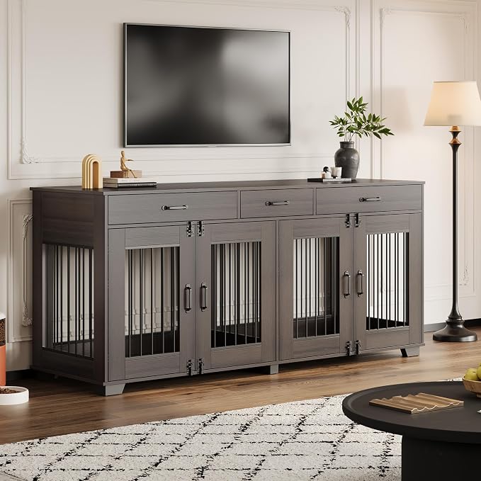 IDEALHOUSE 71-Inch Large Dog Crate with 3 Drawers for 2 Dogs, Walnut | Dog Kennel Furniture, Large Breed Dog Crate and TV Stand for Medium-Large Dog
