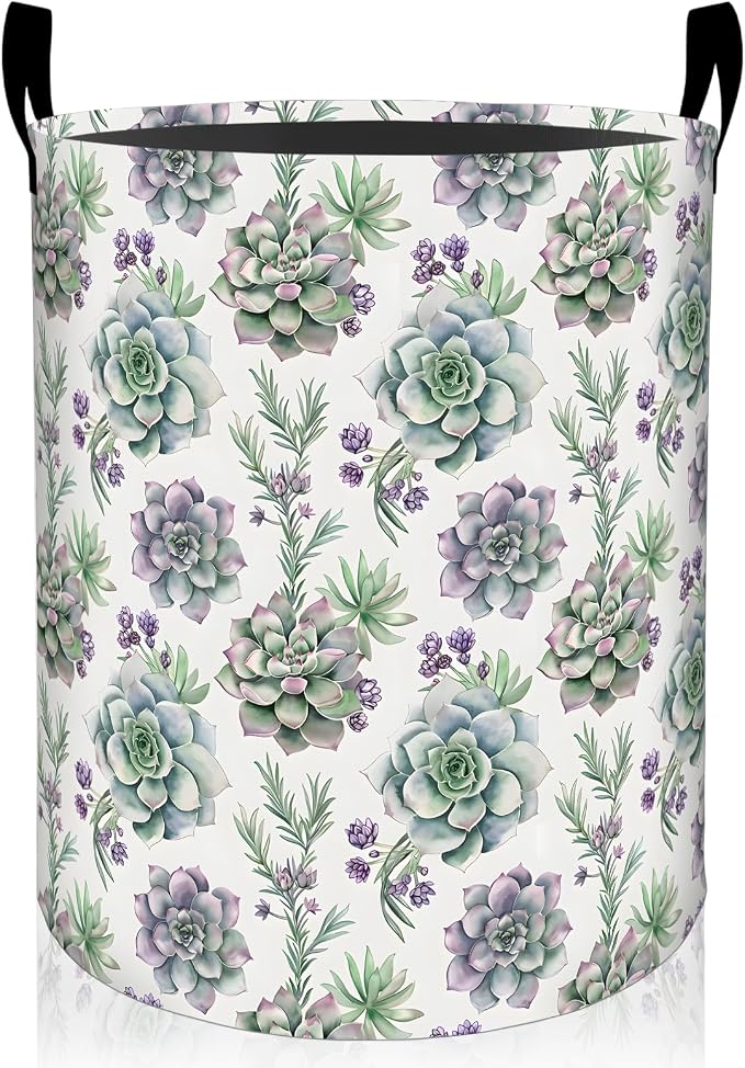 Succulent Laundry Basket, Botanical Floral Foldable Oxford Cloth, Waterproof Dirty Clothes Hamper with Handles, Clothing Storage Bin Toy Organizer for Bedroom Dorm Bathroom, 19.7"x15.7"