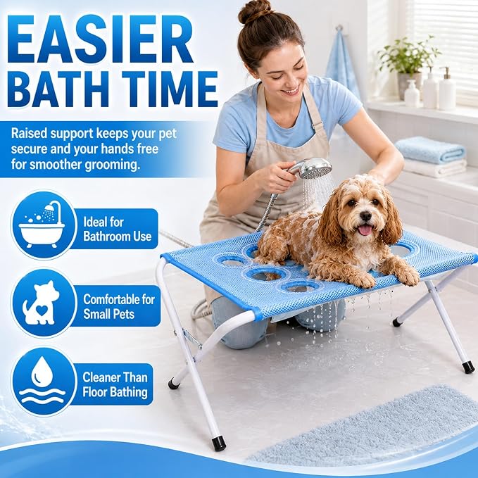 2-in-1 Foldable Pet Grooming Bed Portable Pet Hammock for Dogs and Cats | Eight Hole Quick Dry Mesh Iron Frame Stable Support up to 10kg for Bathing Nail Care and Cleaning(Pink)