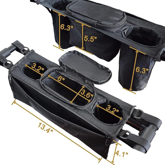 Non-Slip Organizer for Wagon, Parent Console Caddy with Cup Holders Universal for Folding Kids Pet Stroller Adjustable Straps Zippered Pockets Storage Phone Bag Attachment Accessories Black