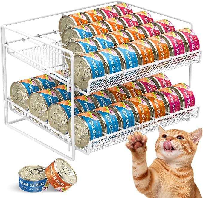Cat Food Can Organizer 2-Tier Can Organizer for Pantry 56 Cans 3.5oz | White metal 2-tier cat food can organizer,Holds 56 cans 3.5oz,Adjustable pantry countertop storage for kitchen counter