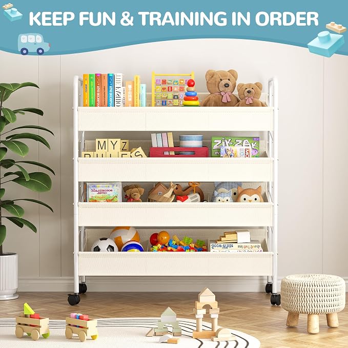 Kids Toy Storage Organizer with 4 Shelves & Wheels for Playroom | White, Large Size, Steel Frame & Oxford Fabric, Rolling Casters with 2 Locks, Safe Rounded Edges, Easy Assembly