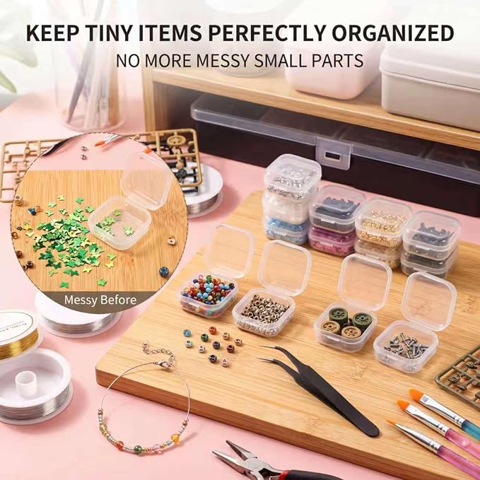 SATINIOR 48 Packs Clear Small Plastic Containers Transparent Storage Box with Hinged Lid for Small Items Crafts Jewelry (1.37 x 1.37 x 0.7 Inches)