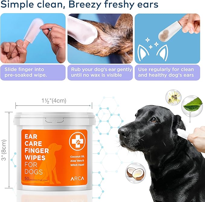 ARCA PET Dog Ear Cleaner Wipes - Vet Formulated Cleanser for Dogs - Ear Itching, Dissolves Wax, Dirt & Odor with Coconut Oil & Aloe Vera (50 Finger Wipes)