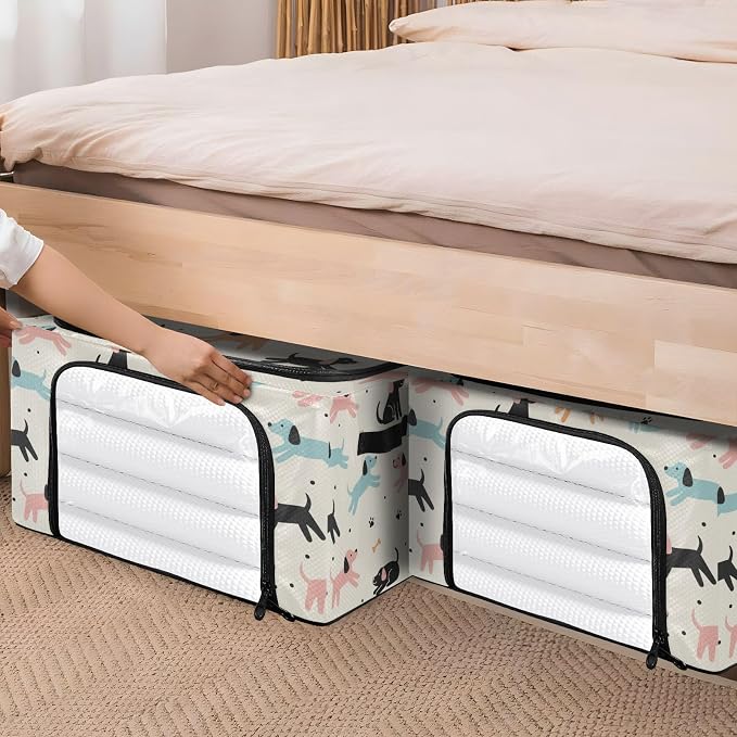 Cute Pets Dogs White print Under Bed Storage Containers with Double Zipper Openings, Foldable Clothes Storage Bins with Clear Window and Handles for Blankets Comforters Bedding