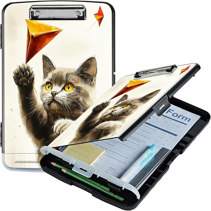 A4 Clipboard with Storage Pen Holder, Clipboards Organizer Nursing Clipboard Foldable File Folder Plastic Clipboard Folio Clip Board for Office Work Classroom Doctor, Gray Cat Painting