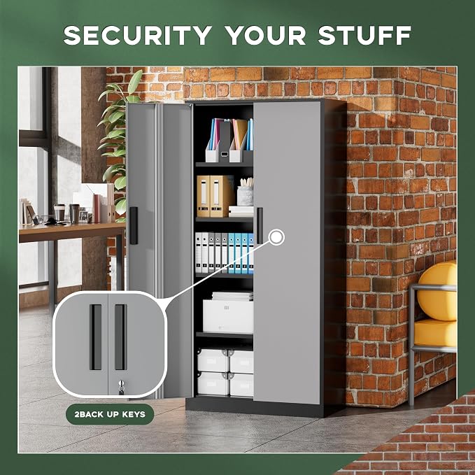 Greenvelly Metal Storage Cabinet,72" Locking Metal Garage Storage Cabinet with Doors and 4 Adjustable Shelves, Lockable Steel Cabinet for Home Office, Garage, Shop, School (Black Grey 32" W x 16" D)