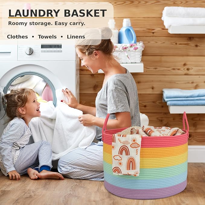 XUANGUO 66L Large Blanket Basket, Round Cotton Rope Basket, Rainbow | 20" x 13" Laundry Basket with Sturdy Handles for Blankets, Pillows and Toys; Storage for Living Room, Bedroom and Nursery