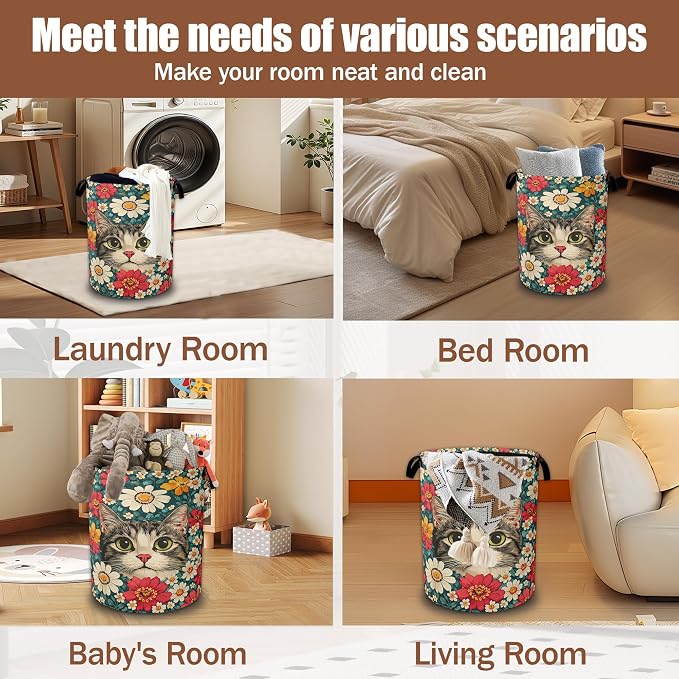 Cute Cat Laundry Baskets,Blooming Colorful Flowers Laundry Hamper,Storage Basket with Handles for Bathroom Bedroom College Dormitory Living Room Nursery Organizer 16"x20.8"