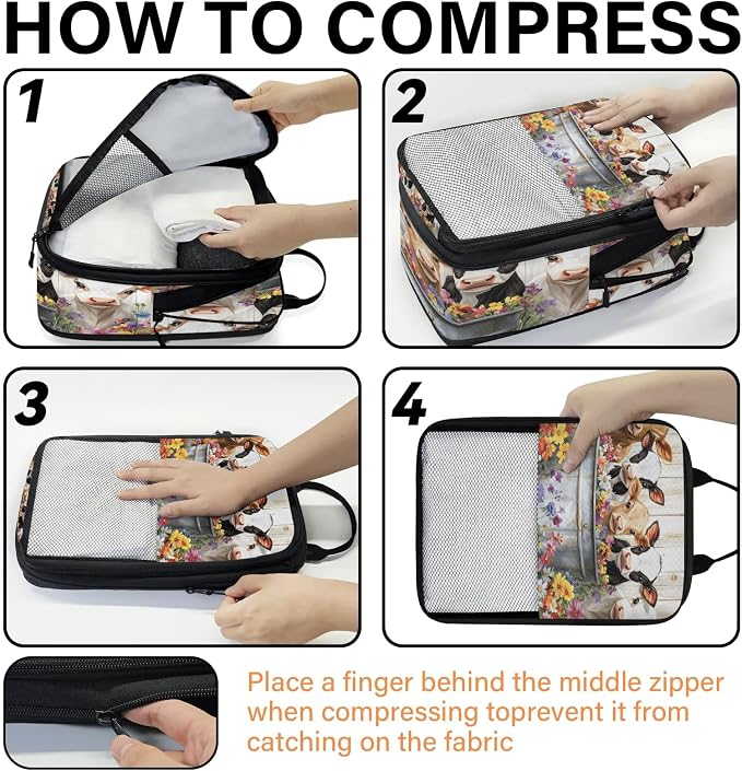 Cute Cow 6 Set Compression Packing Cubes Farmhouse Rustic Cow Flower Expandable Packing Organizer for Travel Accessories Luggage Suitcase Bag