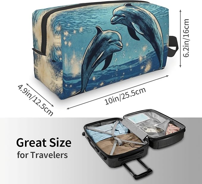 Two Dolphins Underwater Makeup Bag - Durable 600D Oxford Fabric Travel Cosmetic Bag, Shockproof Foam Padded Toiletry Organizer for Gym & Daily Use 10x6.2x4.9 Inch