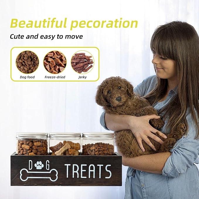 Dog Treat Container Wood Cat Treat Holder for Counter Cat Treat Organizer Dog Food Storage Organizer with 3 Dog Cookie Jars Farmhouse Decor Box Brown