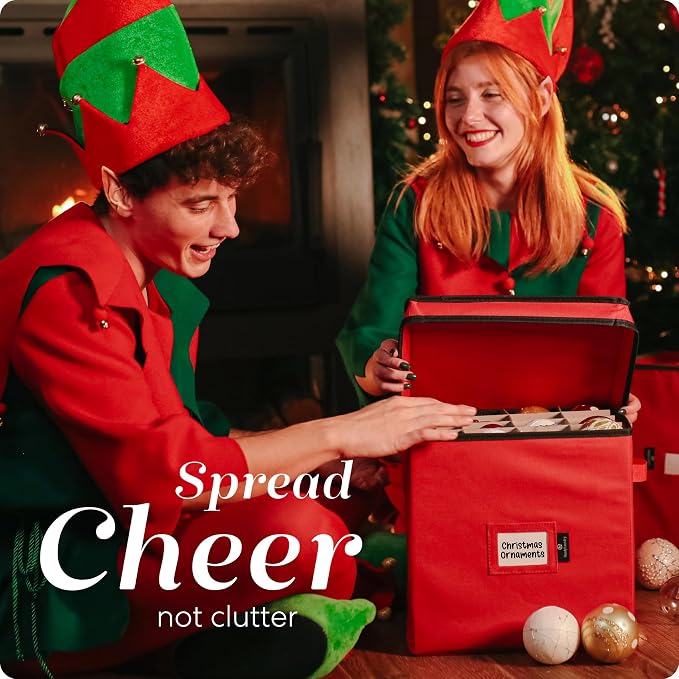 Handy Laundry, Christmas Ornament Storage - Stores up to 64 Holiday Ornaments, Adjustable Dividers, Covered Top, Two Handles. Storage Box Keeps Holiday Decorations Clean & Dry for Next Season. (Red)
