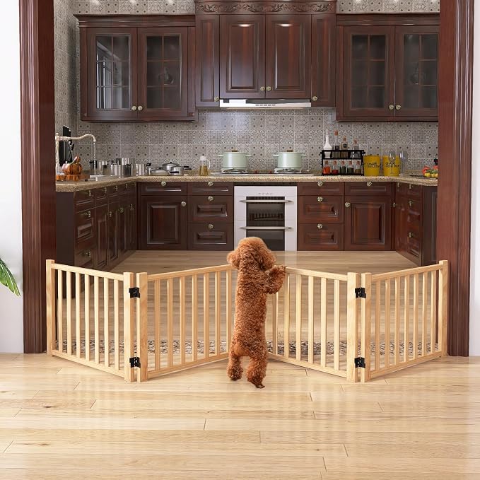 YOCAN Non-Painted Wooden Freestanding Dog Gates - 4 Panel H:16.9" | Pet Gate for The House,Doorways, Stairs,Wood Dog Fences Indoor Pet Gate,Step Over Fence